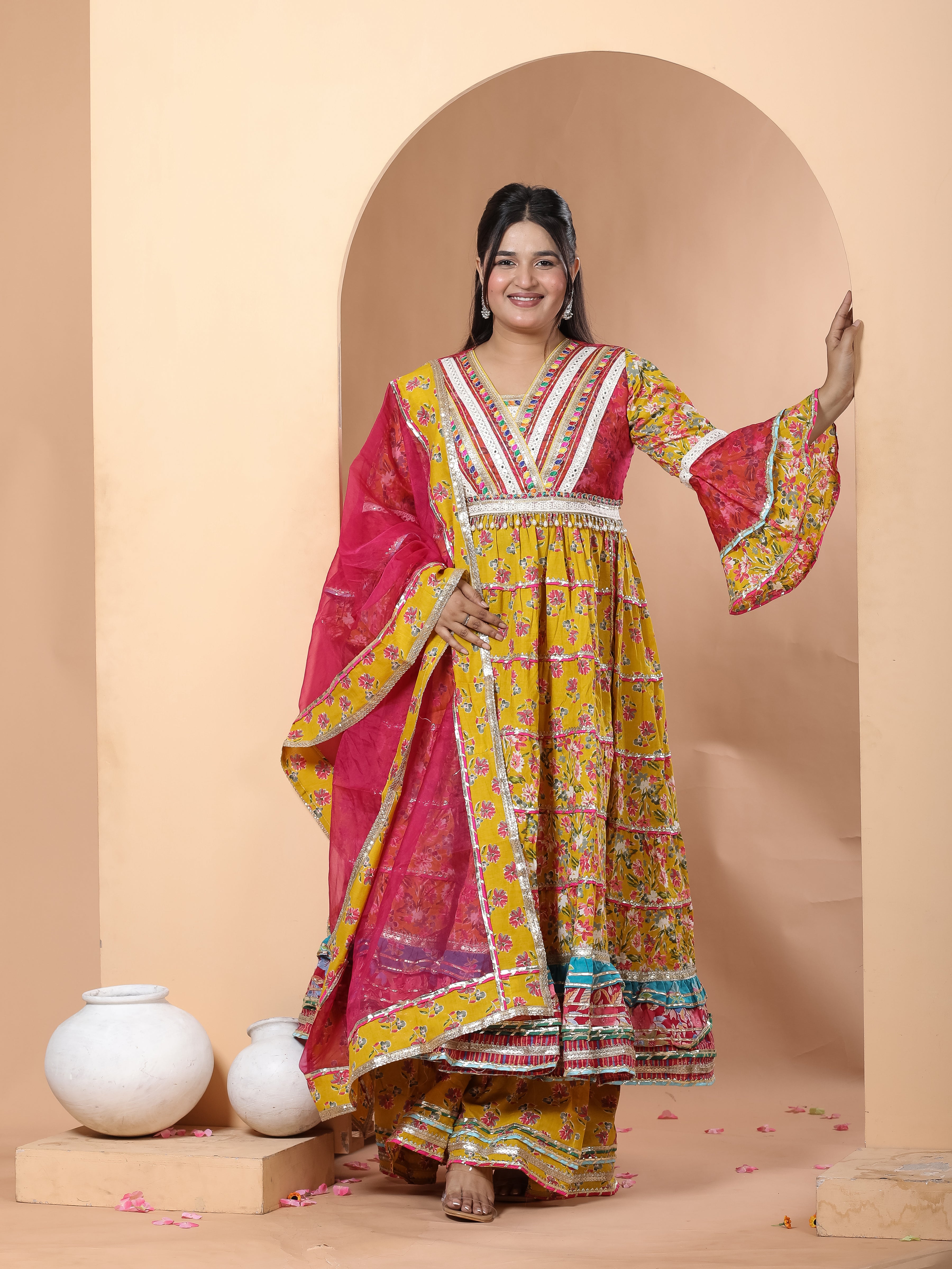 Exclusive Yellow Pink Cotton Long Anarkali with Side Slit & Sharara Set – Organza Dupatta, Sizes up to 48