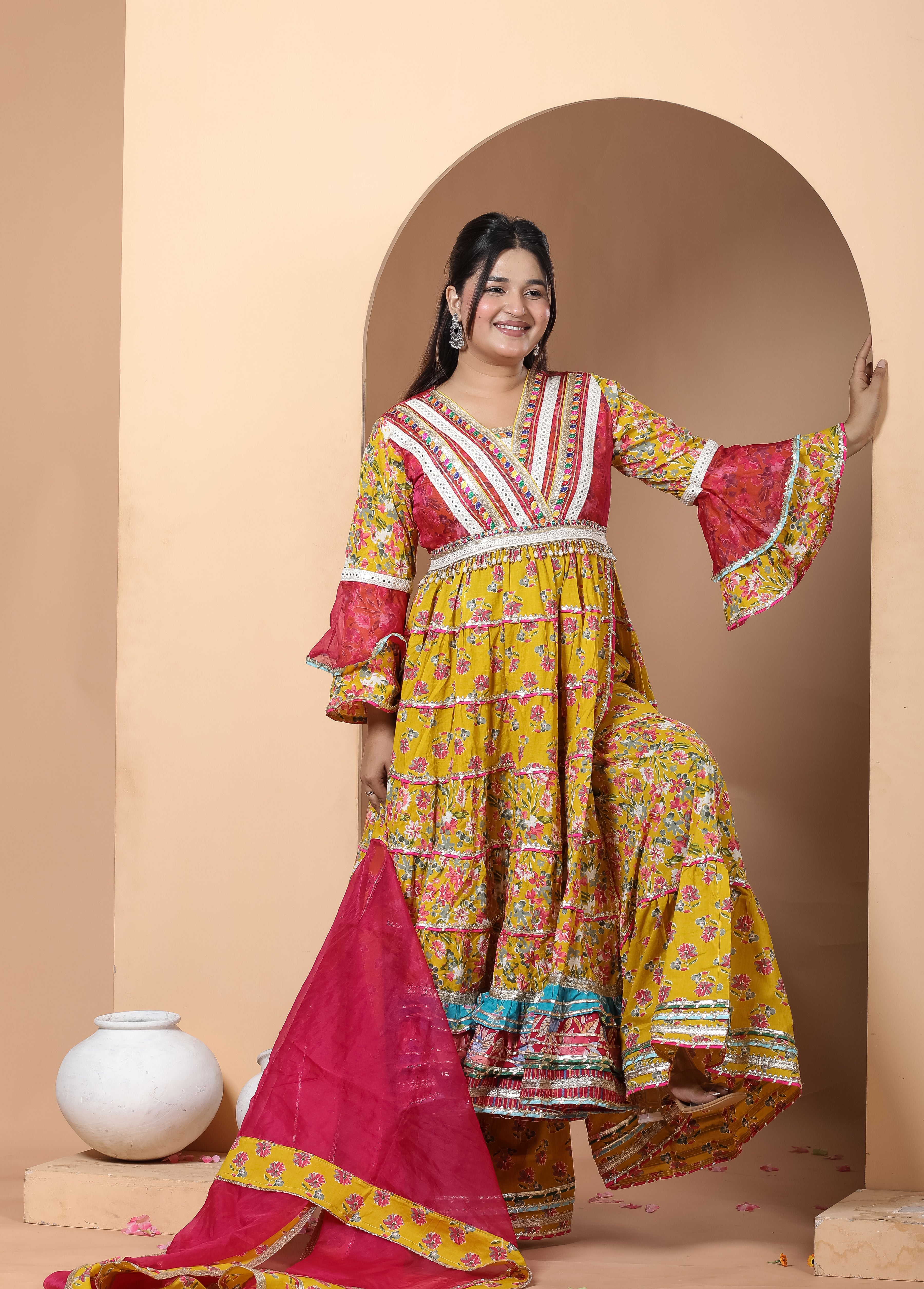 Exclusive Yellow Pink Cotton Long Anarkali with Side Slit & Sharara Set – Organza Dupatta, Sizes up to 48