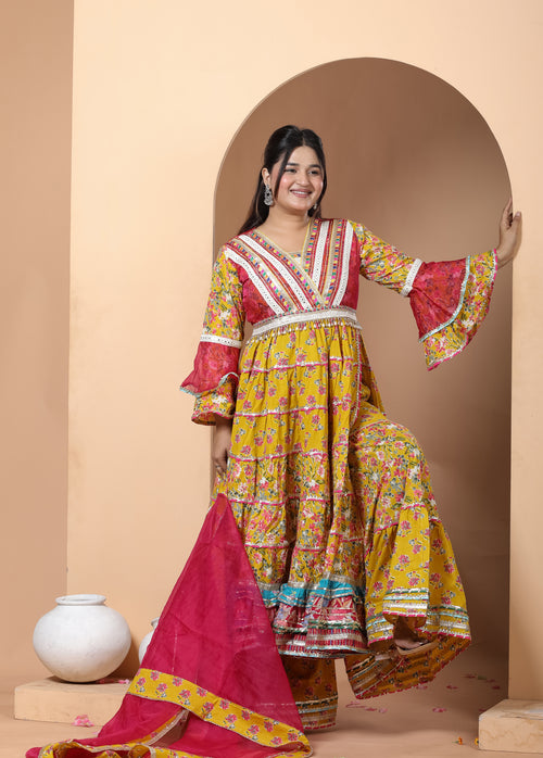 Exclusive Yellow Pink Cotton Long Anarkali with Side Slit & Sharara Set – Organza Dupatta, Sizes up to 48