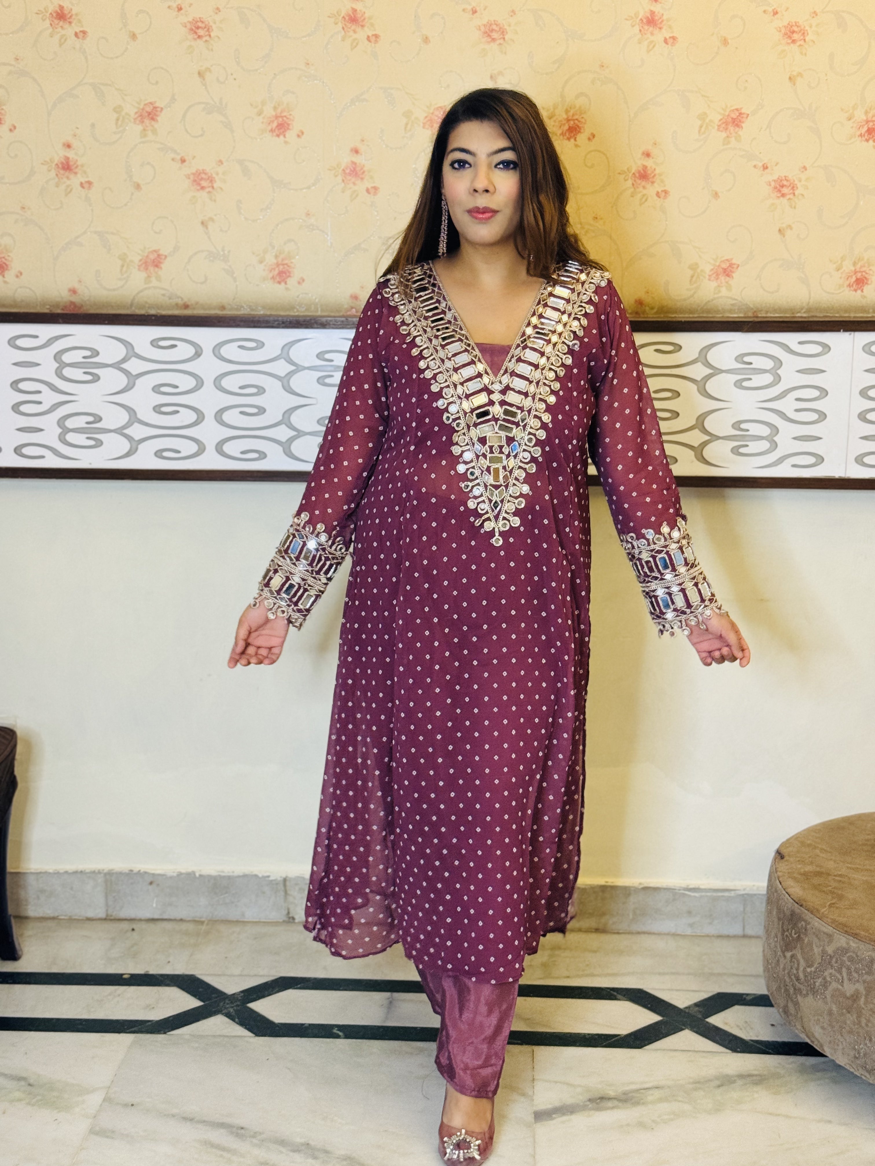 Wine Georgette A-Line Anarkali Set with Mirror Work – Elegant V-Neck Side Slit Design