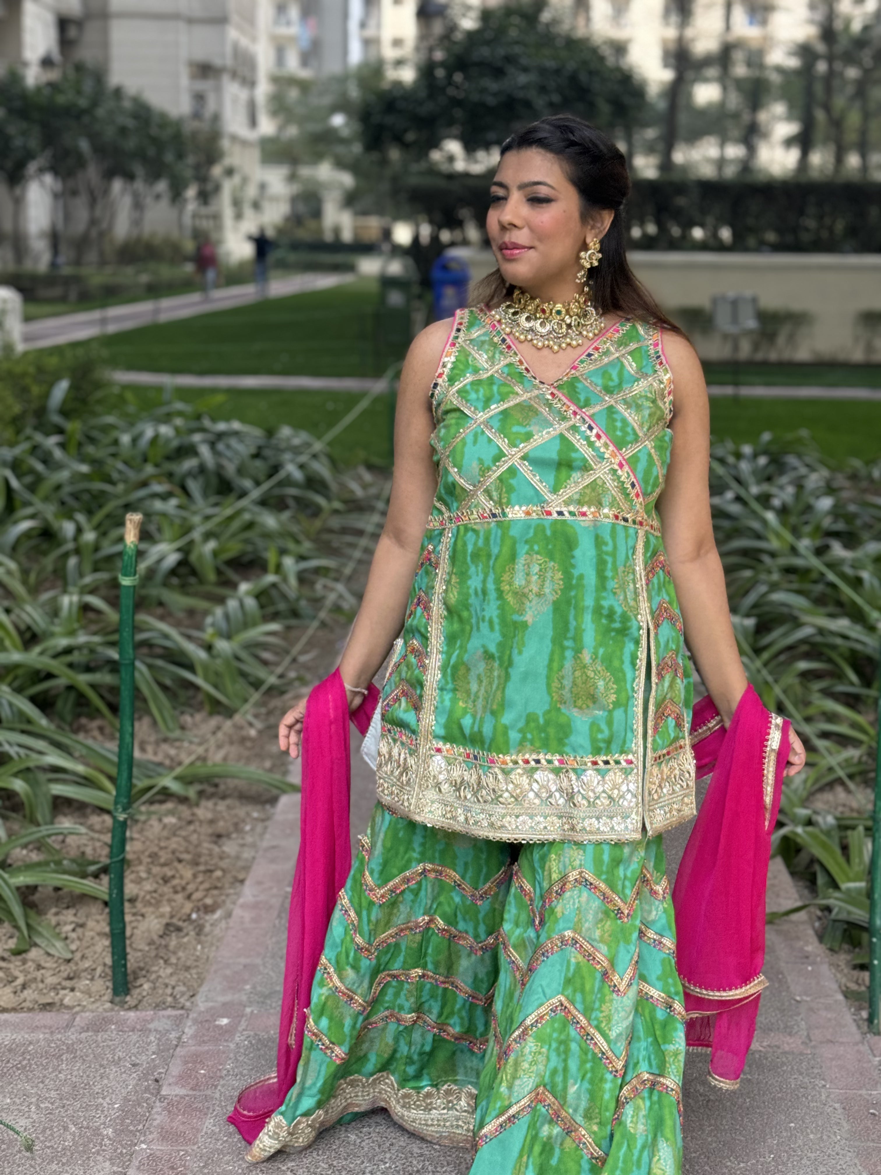 Green Gold Block Print Sharara