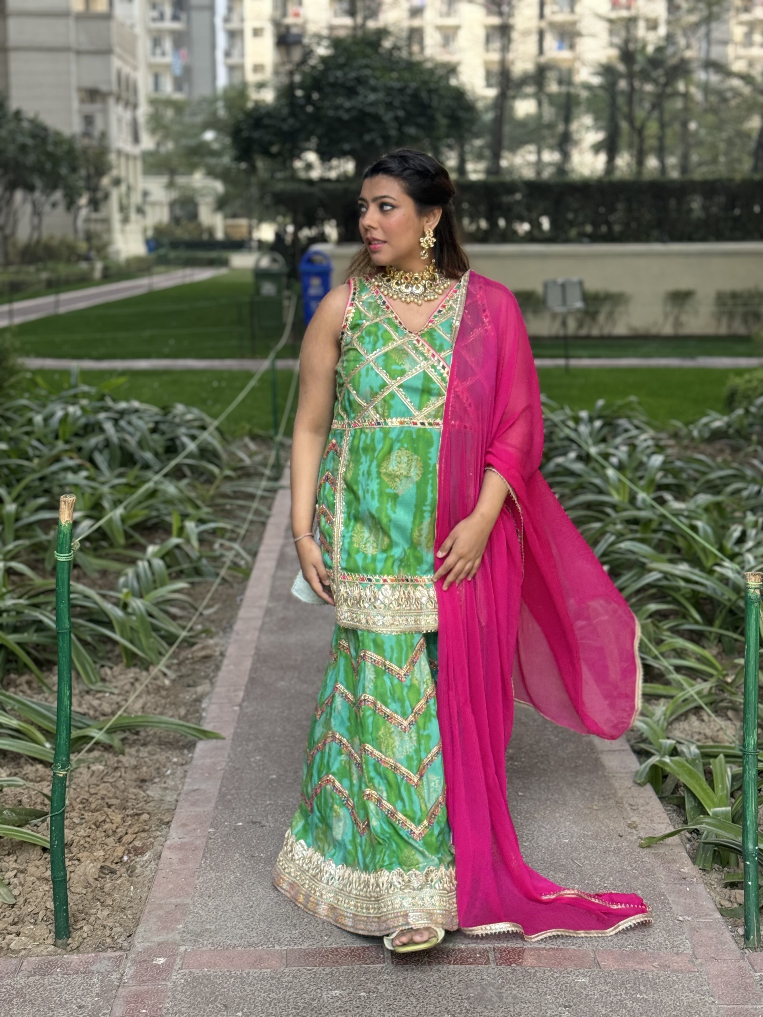 Green Gold Block Print Sharara