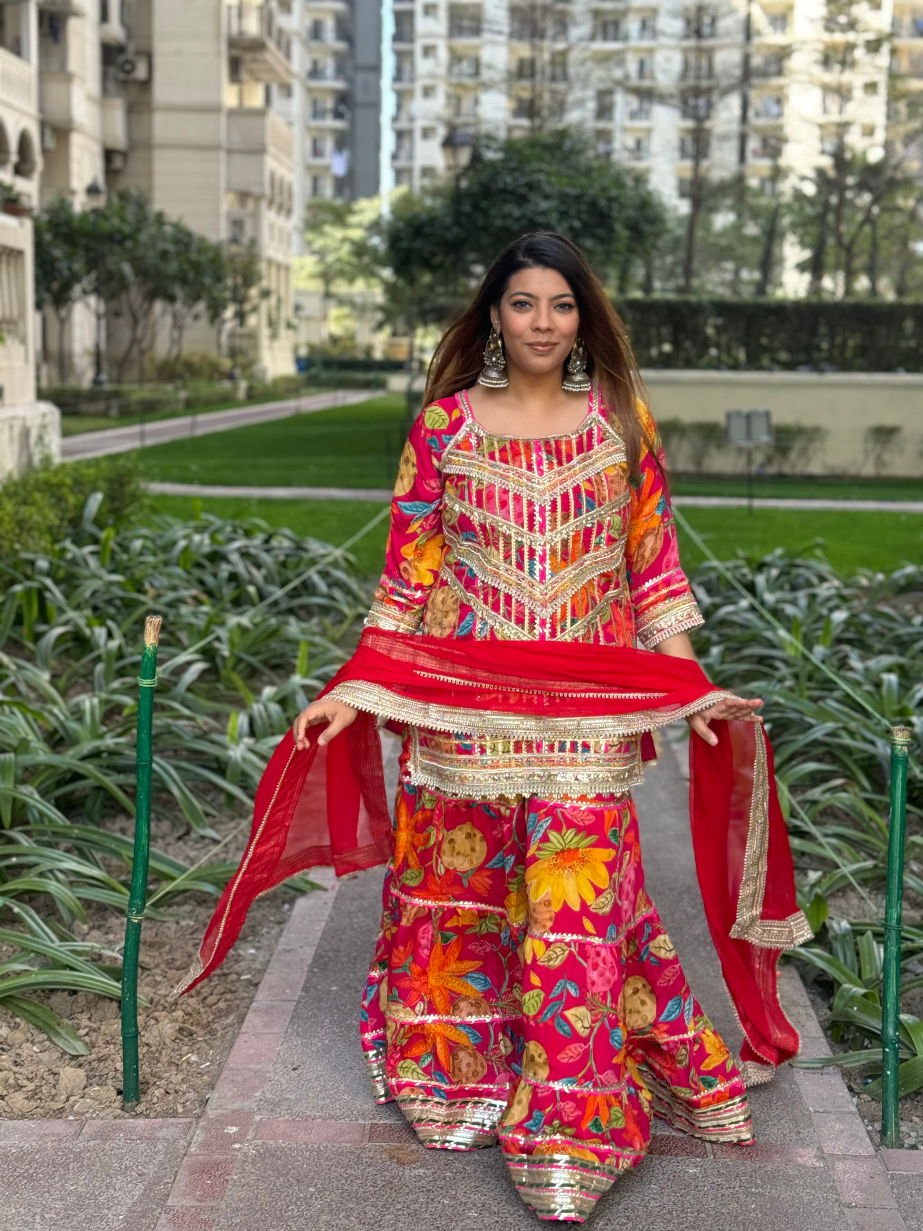 Chinon Sharara In Red Pink Combination