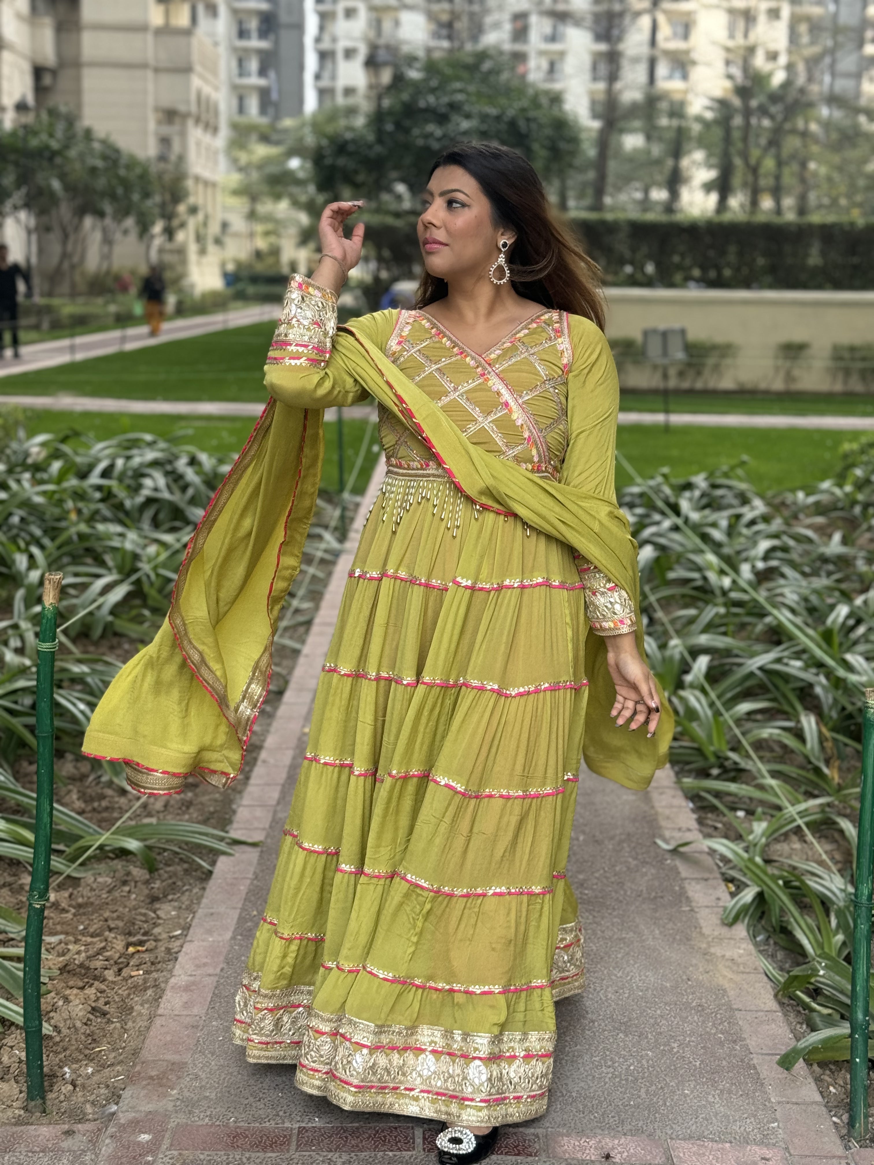 Elegant Lime Green Chinon Anarkali Gown with Dupatta – Festive & Wedding Wear (2-Piece Set)