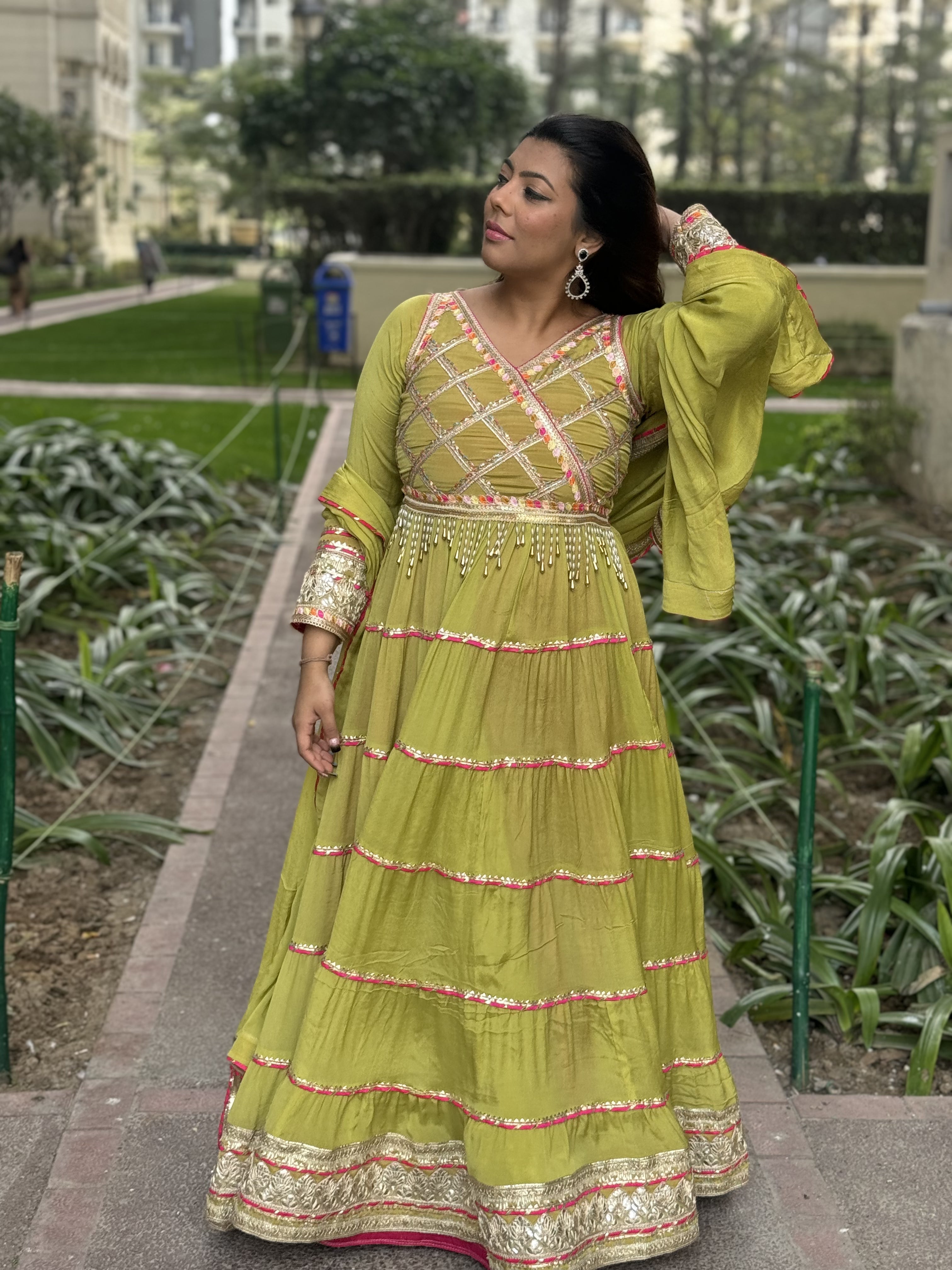 Elegant Lime Green Chinon Anarkali Gown with Dupatta – Festive & Wedding Wear (2-Piece Set)