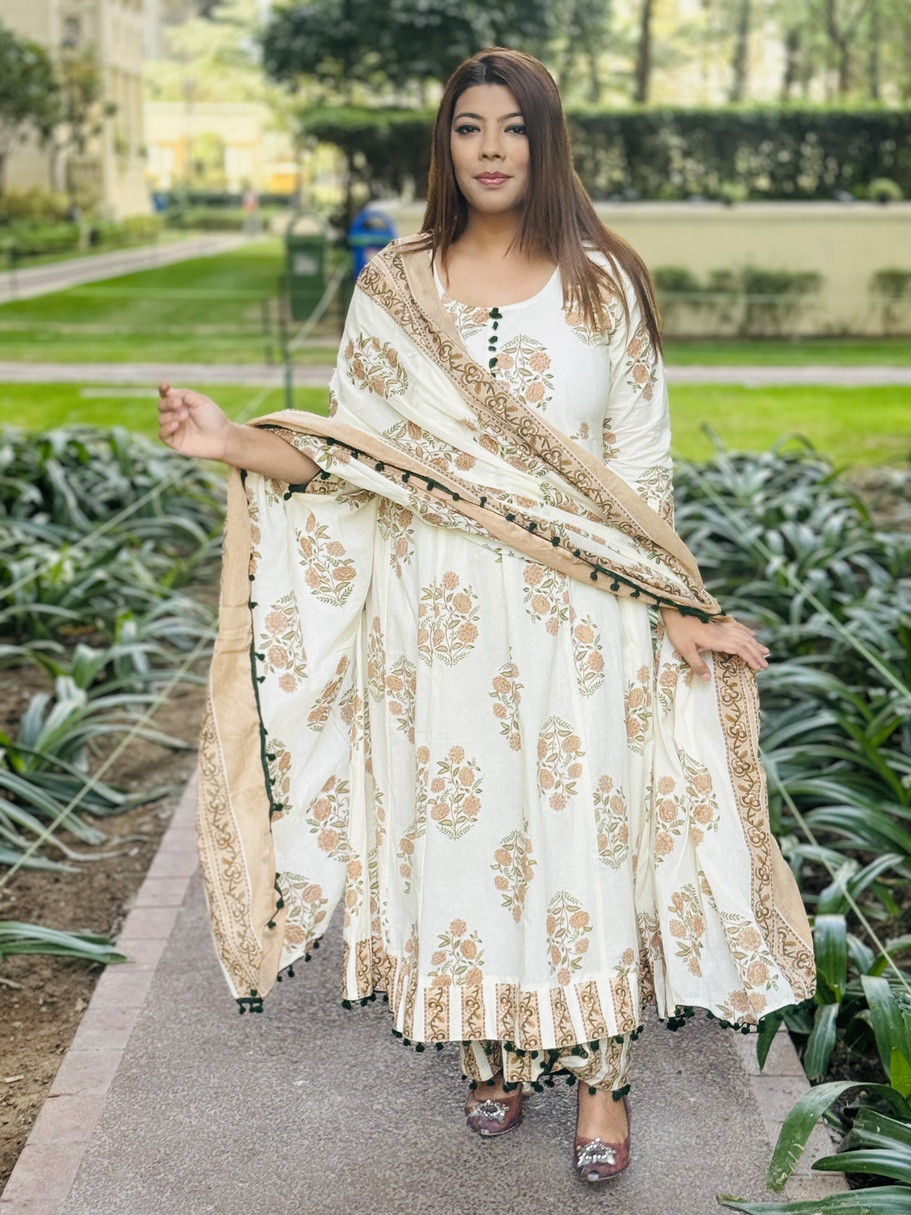 Cream Gold Green Block Printed Anarkali