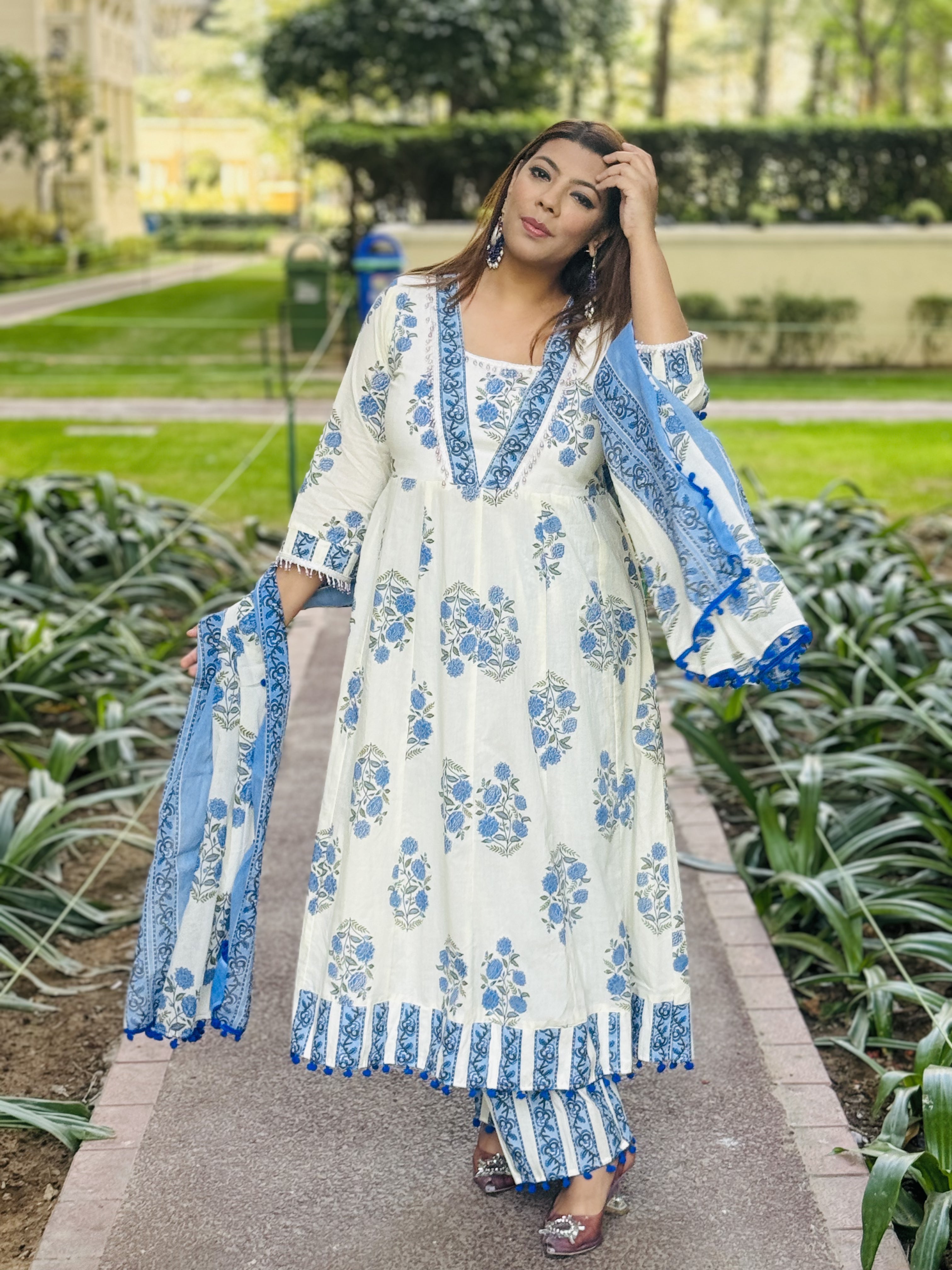 Cream And Blue Anarkali