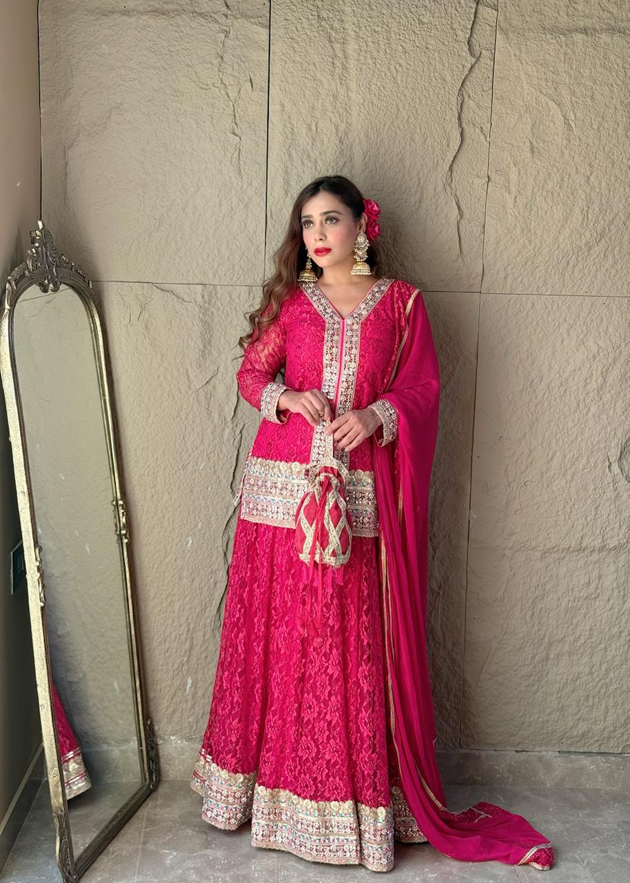 Magenta Red Flower Net Lehngha
