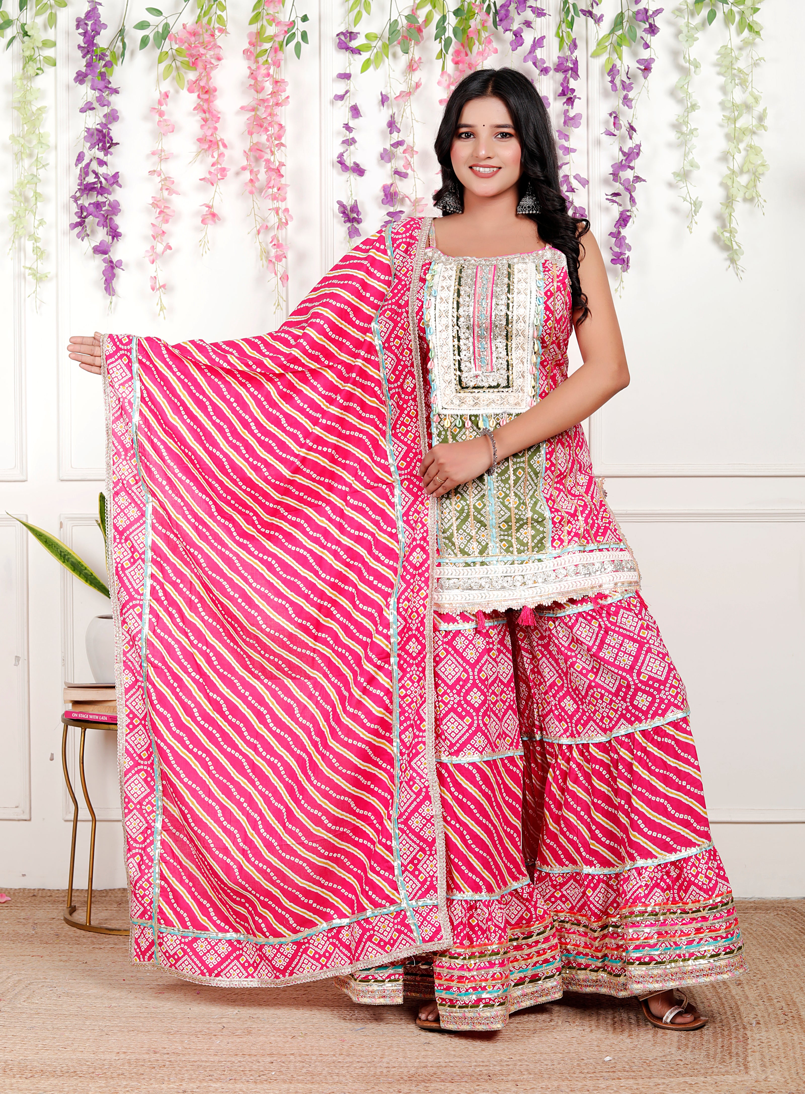 Magenta Bandhani And Lehriya Sharara