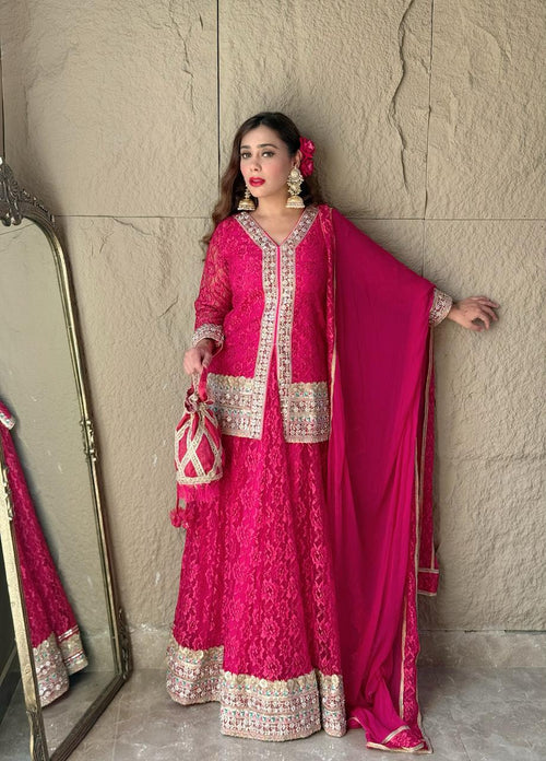 Magenta Red Flower Net Lehngha