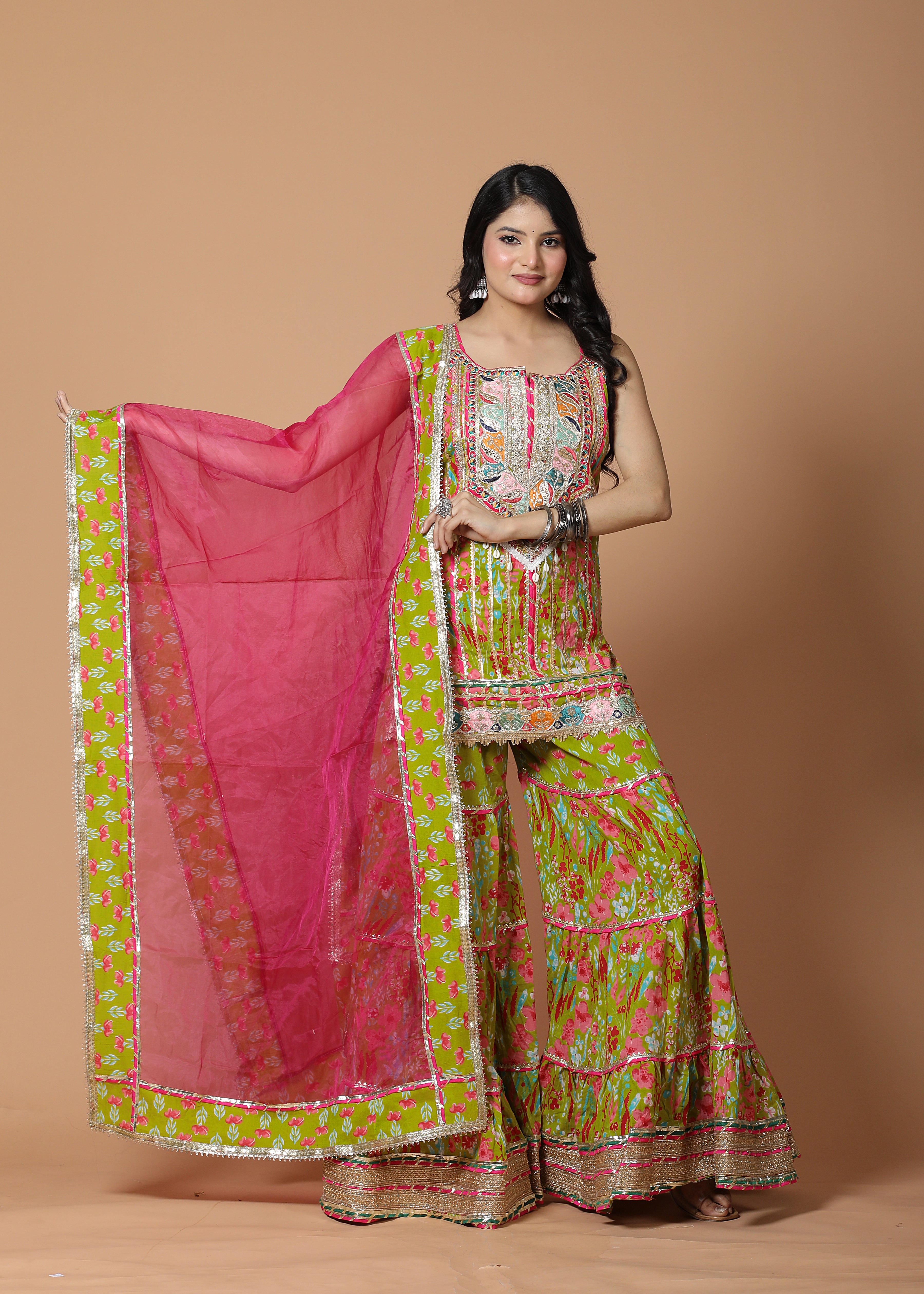 Parrot Green Sharara Set Organza Magenta Dupatta