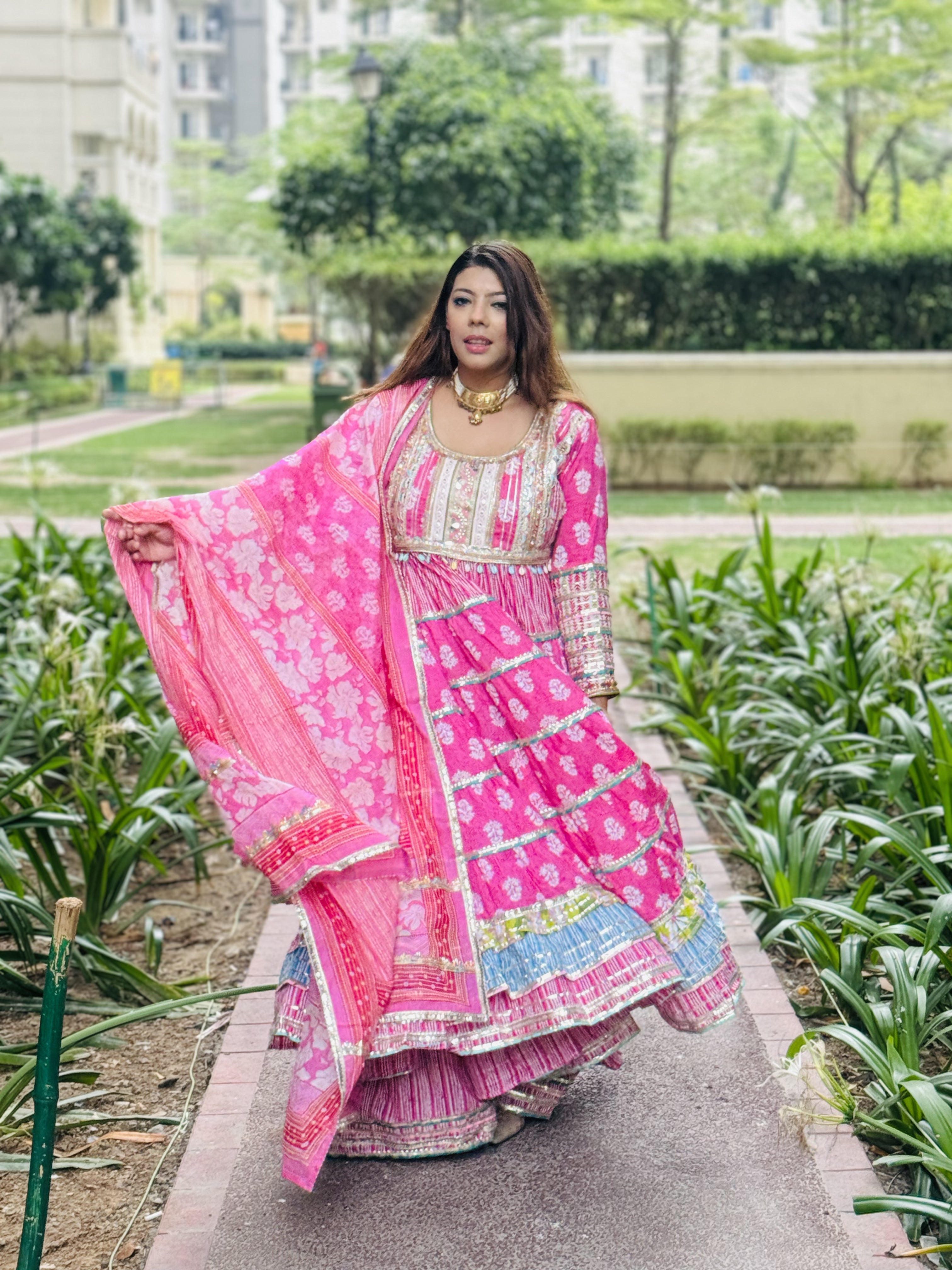 Pink Long Anarkali With Sharara
