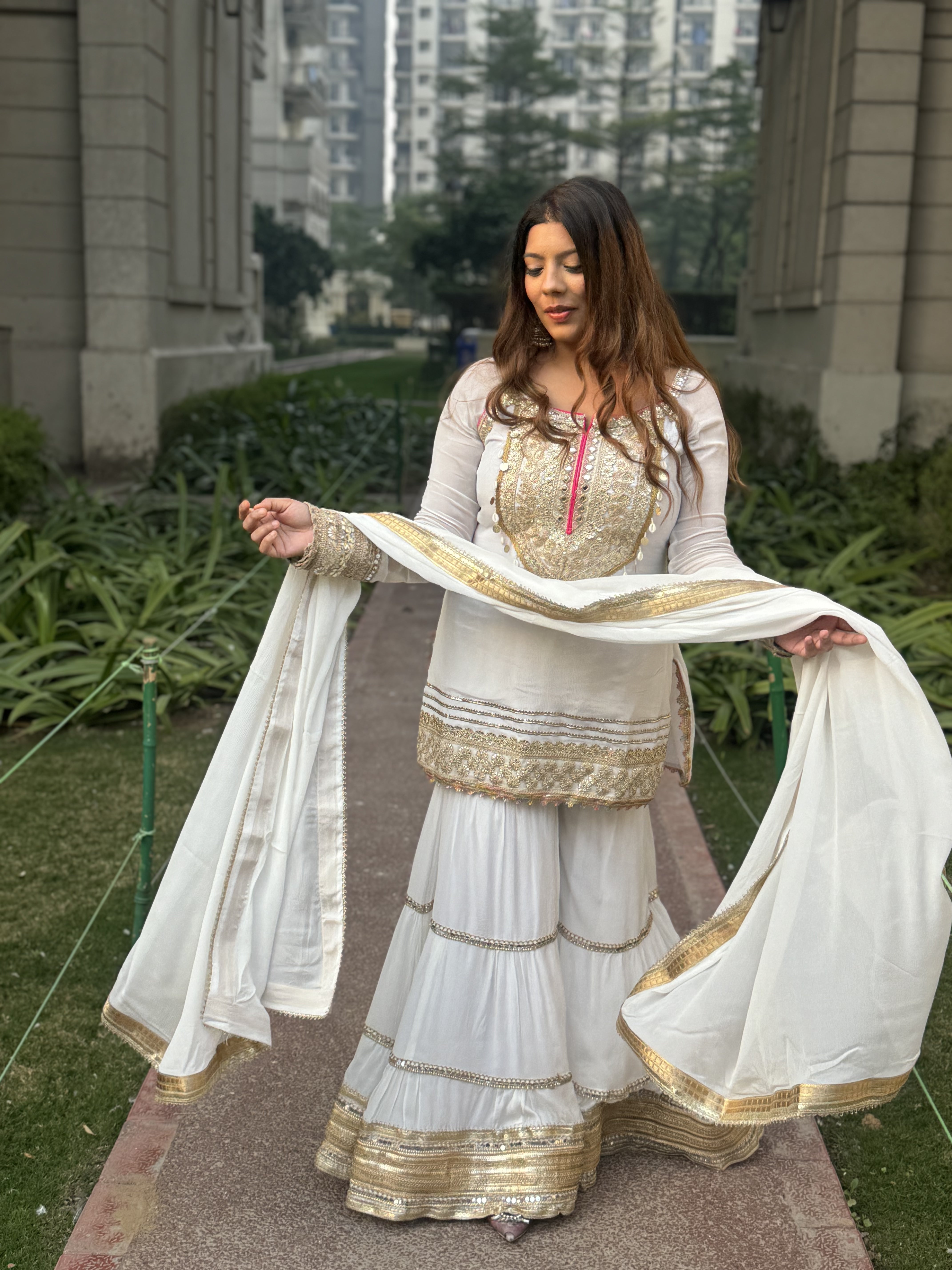 White Chinon Sharara Set Full Sleeves