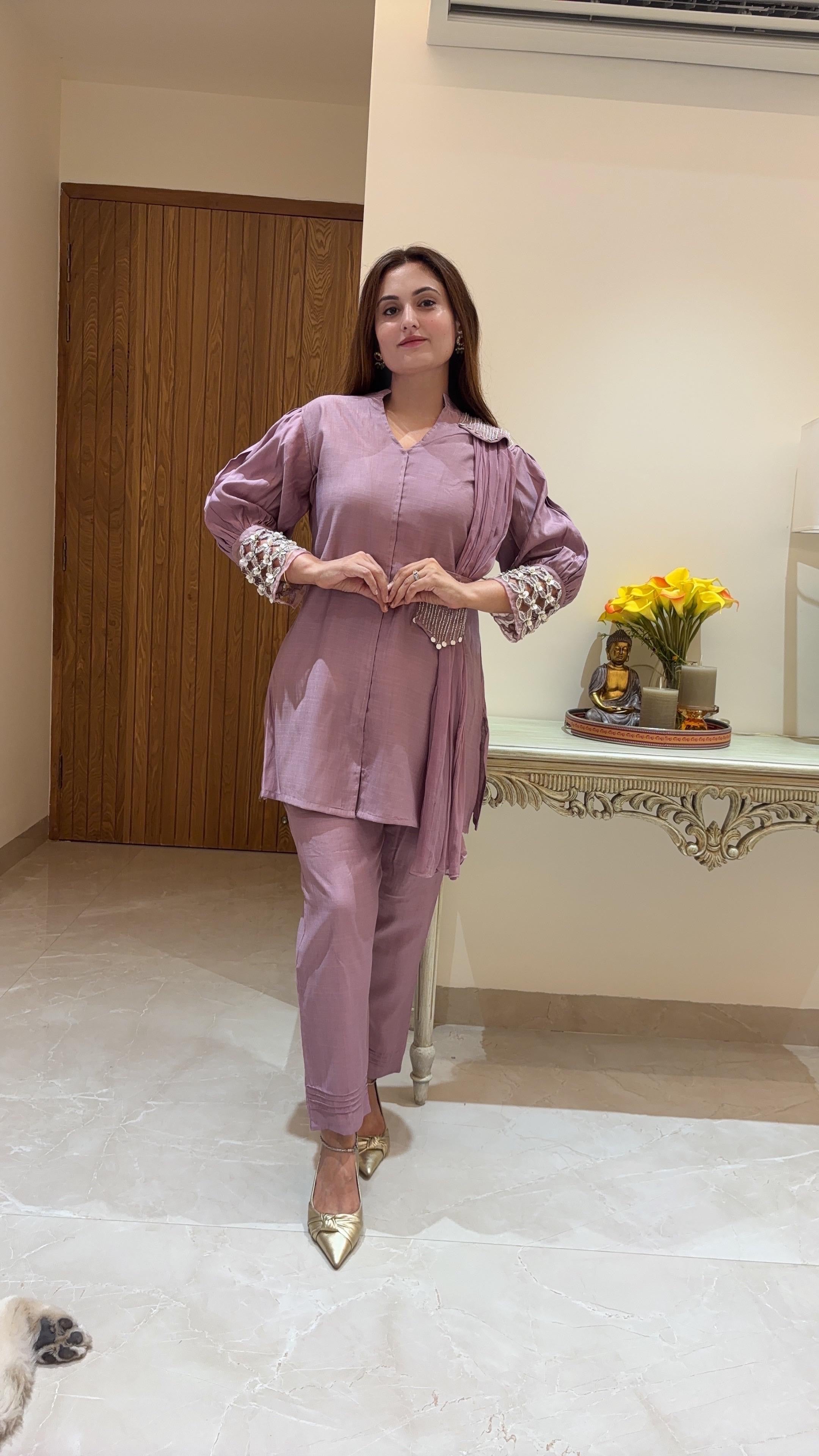 Mauve Pearl &amp; Bead Handwork Co-ord Set – 2 Piece