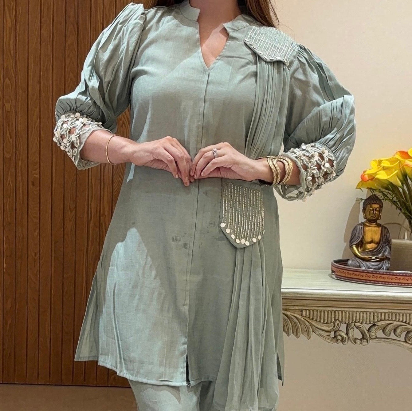 Green Pearl &amp; Bead Handwork Co-ord Set – 2 Piece