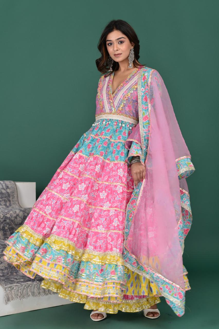 Exclusive Blue Pink Cotton Long Anarkali with Side Slit & Sharara Set – Organza Dupatta, Sizes up to 48